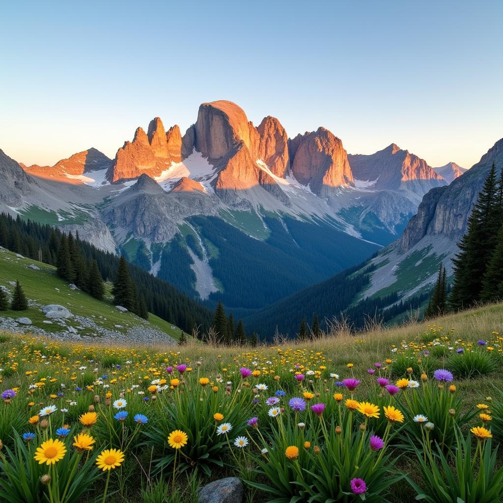 Free and Wild Nature: A breathtaking mountain vista with wildflowers in the foreground