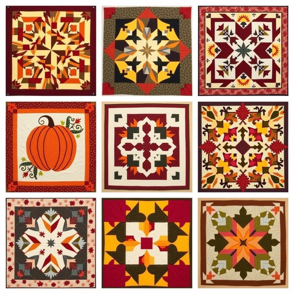 Collection of free autumn quilt patterns showing various designs and color palettes