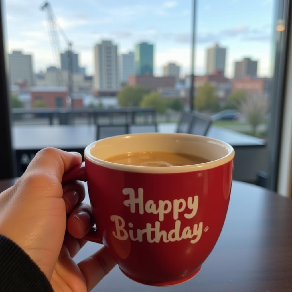 Enjoying a free birthday coffee in Portland