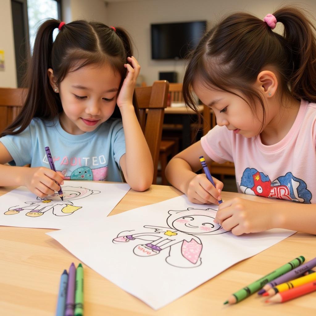 Children Enjoying Free Coloring Pages: Two children coloring pages at a table.