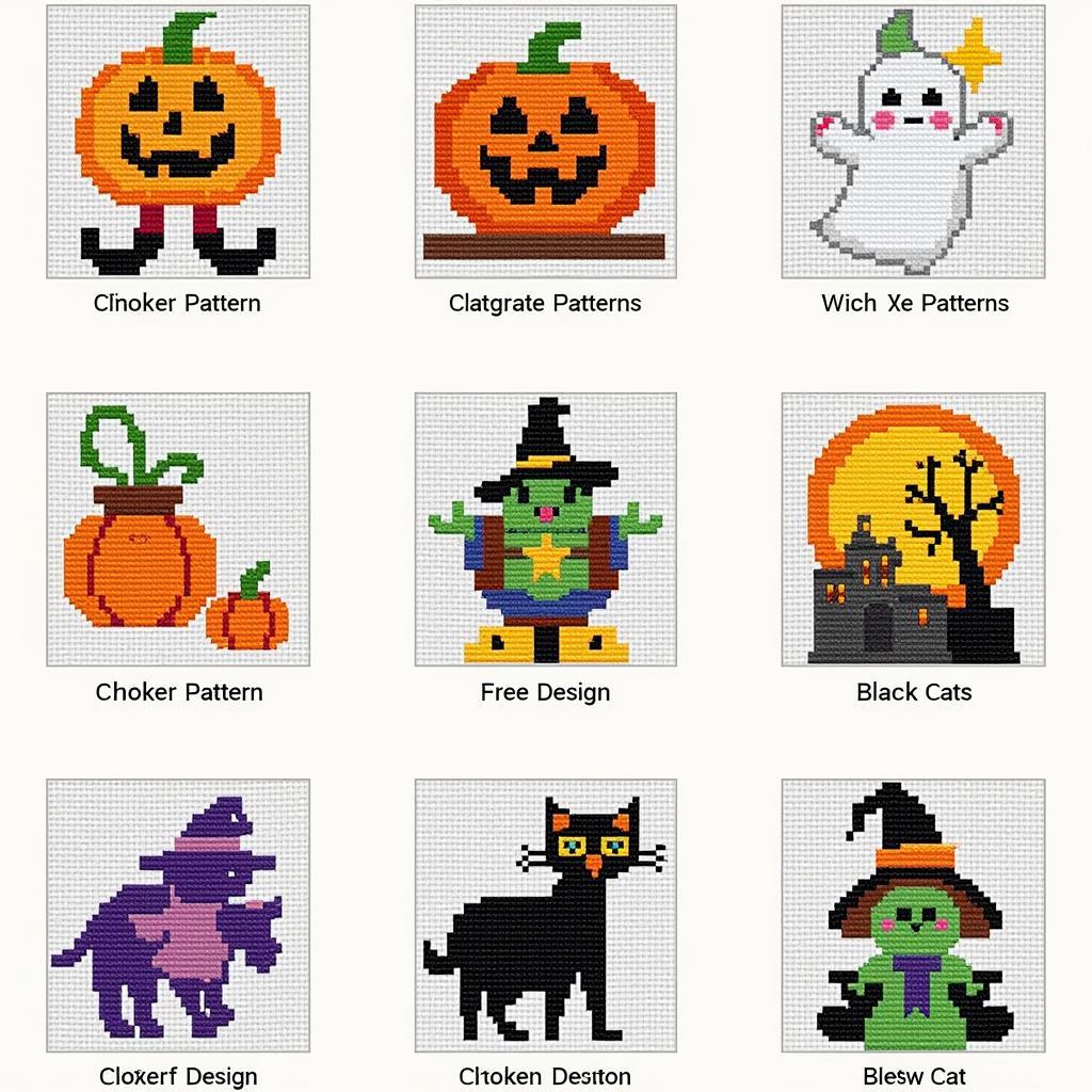 A variety of free counted cross stitch Halloween patterns showcasing different designs like pumpkins, ghosts, and witches.