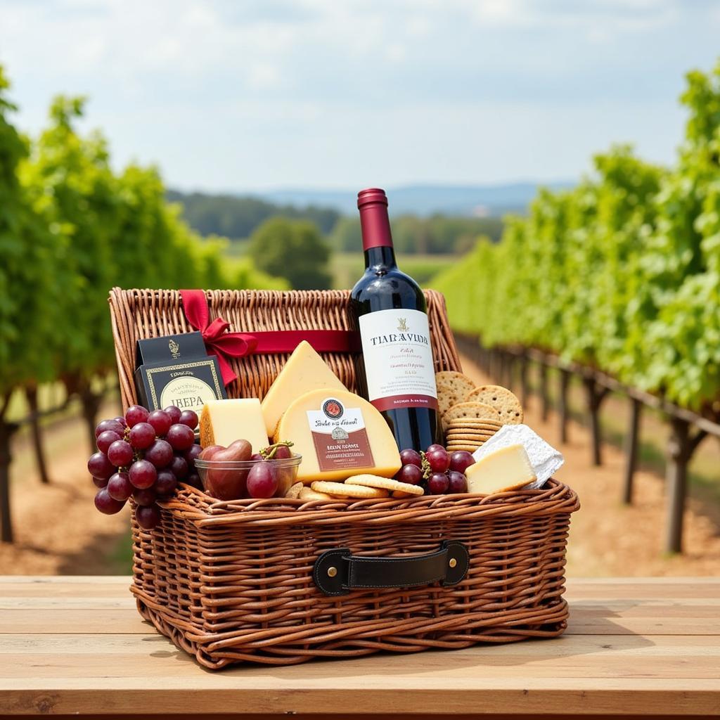 Free delivery wine gift basket with assorted cheeses and crackers.