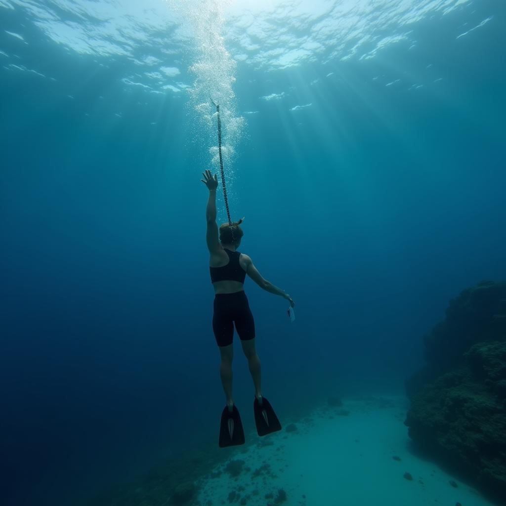 Free Diver Achieving Neutral Buoyancy with Proper Weighting