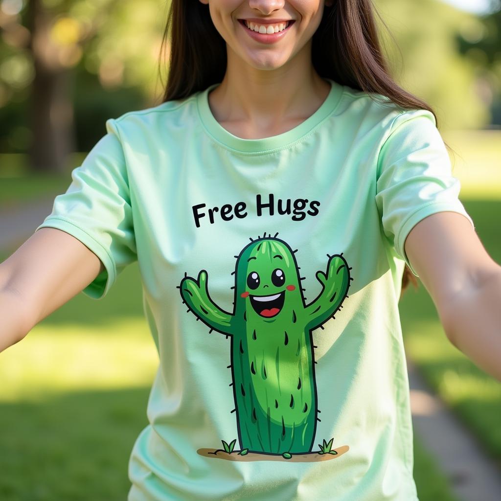 Free Hugs Cactus Shirt Meaning: A person wearing a free hugs cactus shirt, offering a hug