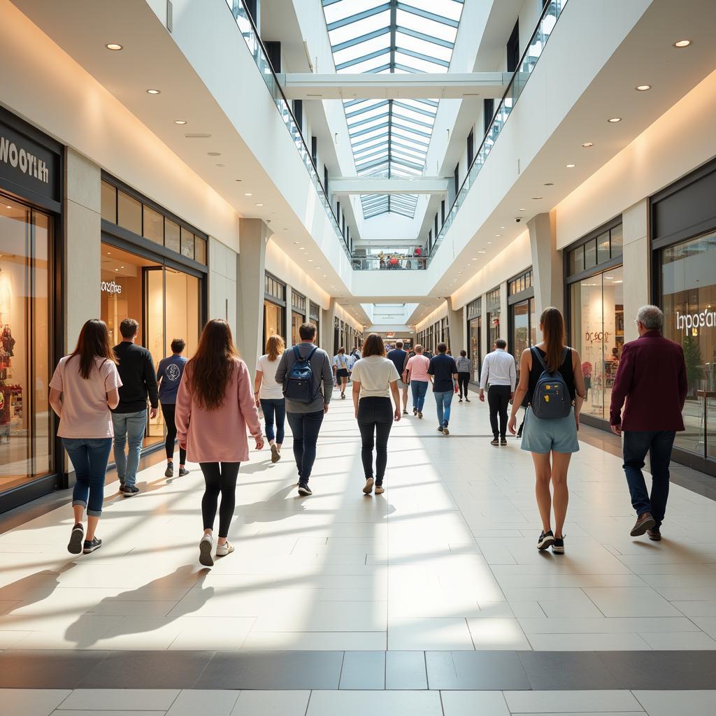 People walking in a brightly lit shopping mall