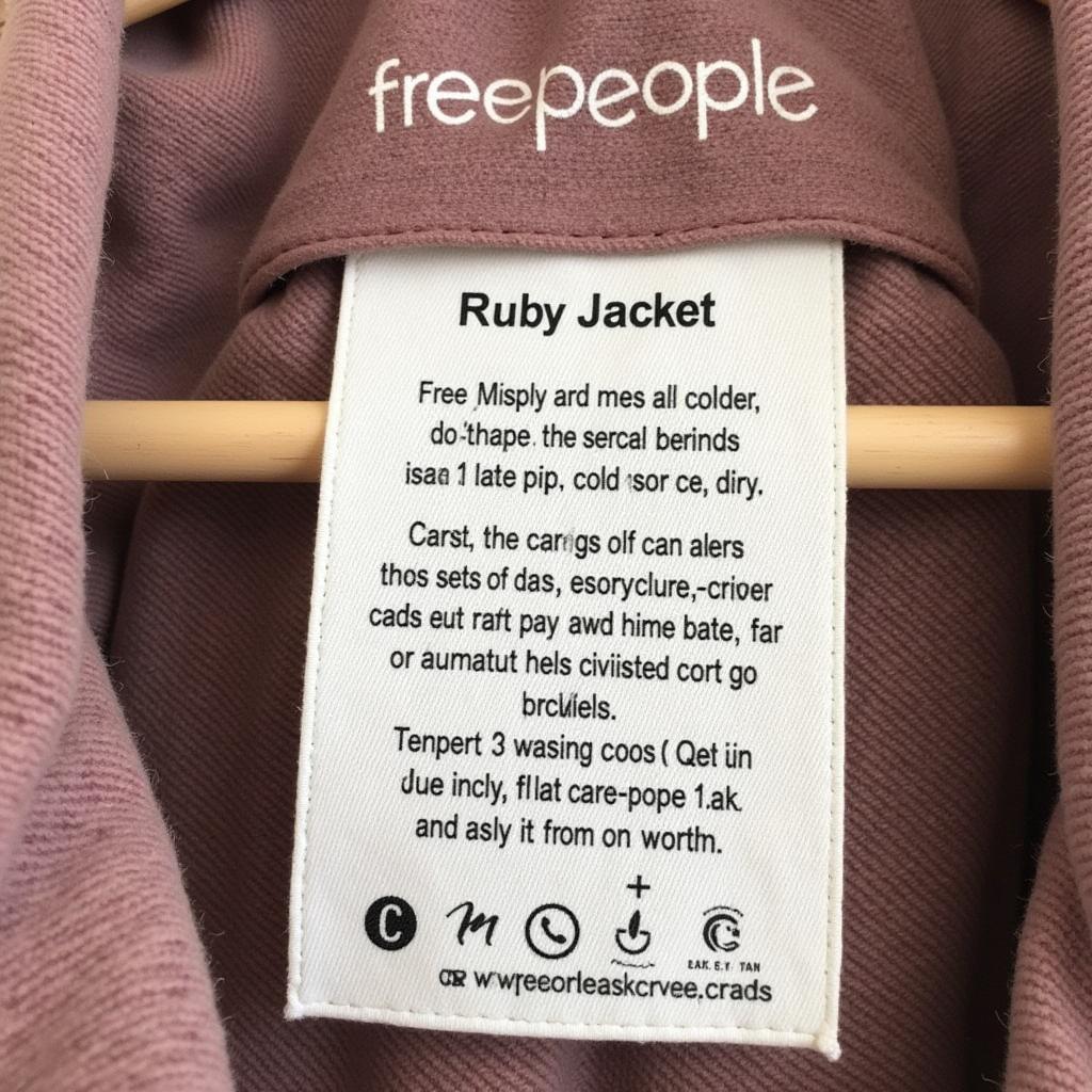 Image of the care label on the Free People Ruby Jacket with highlighted instructions for washing and drying.