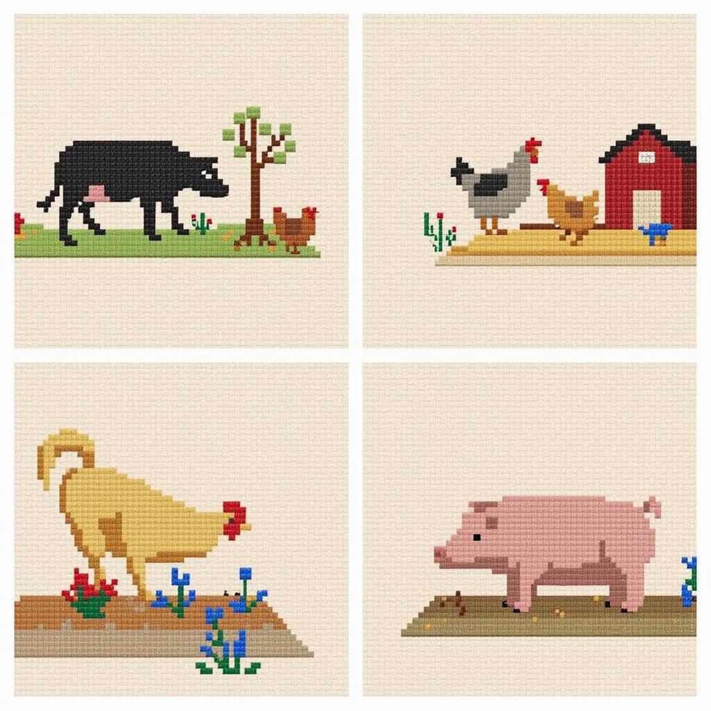 Free primitive cross stitch patterns featuring farm animals like cows, chickens, and pigs in a rustic setting.