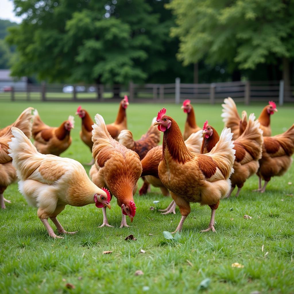 Free range chickens foraging in a grassy pasture