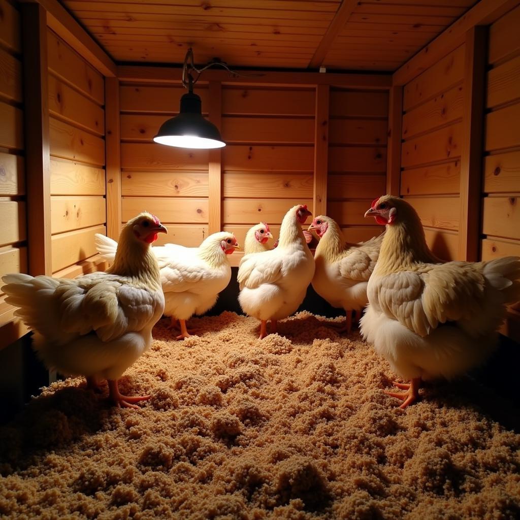 Free range chickens huddled together in a winter coop