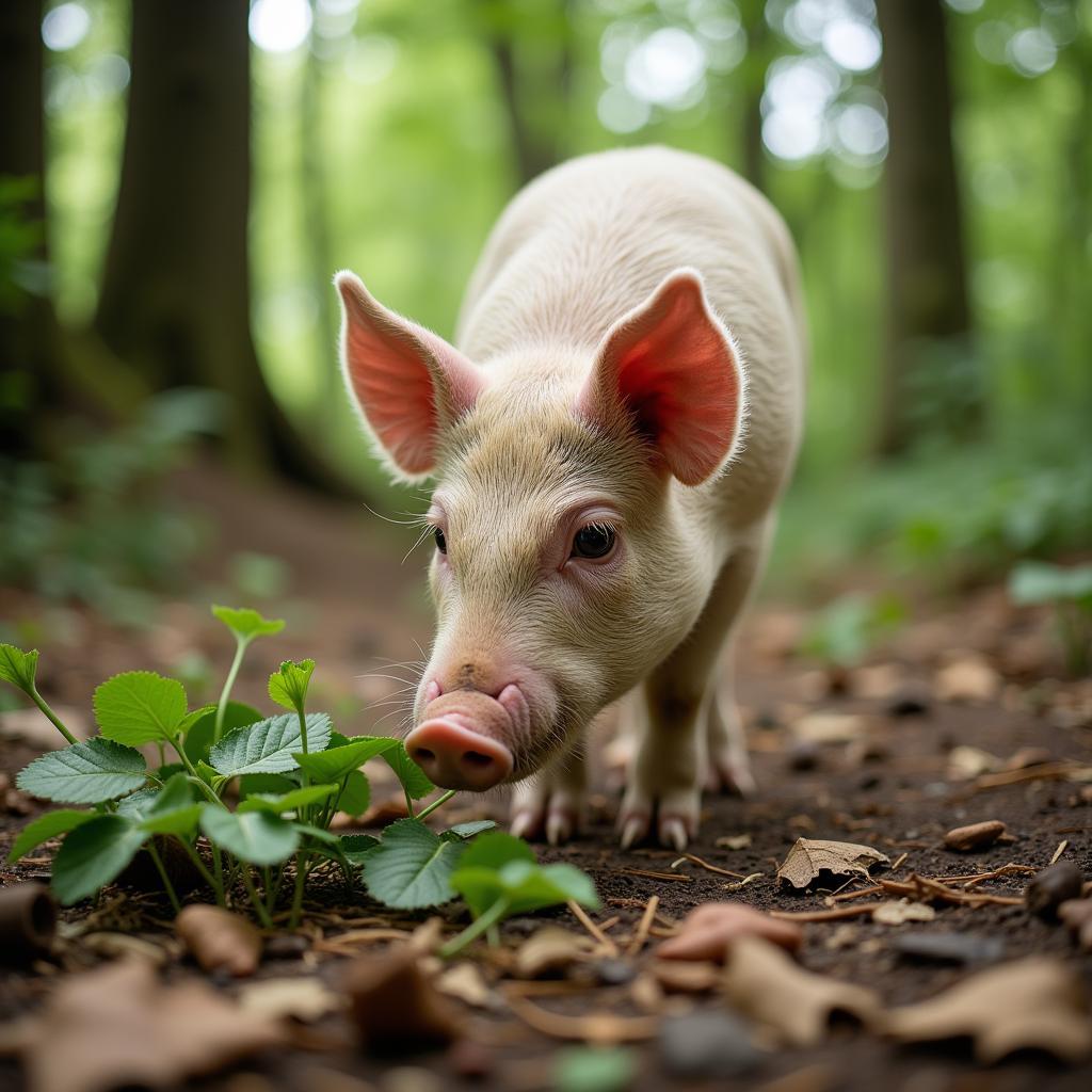 Free range pig foraging for food