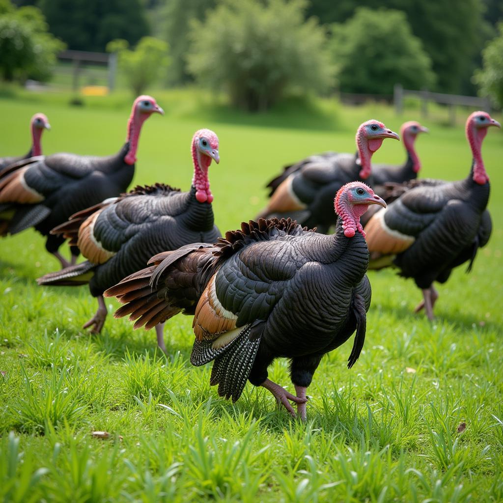 Free range turkeys foraging in a green pasture