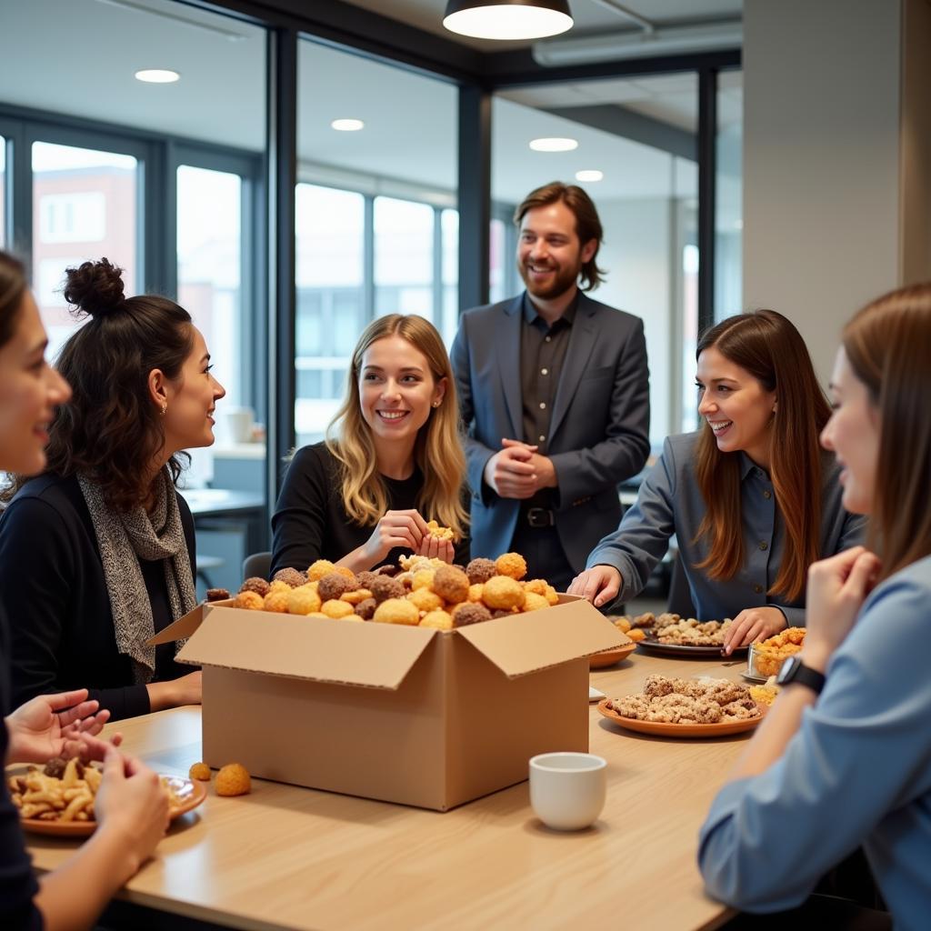 A group of coworkers gathered around a table enjoying snacks from a free snacks box provided by their company.