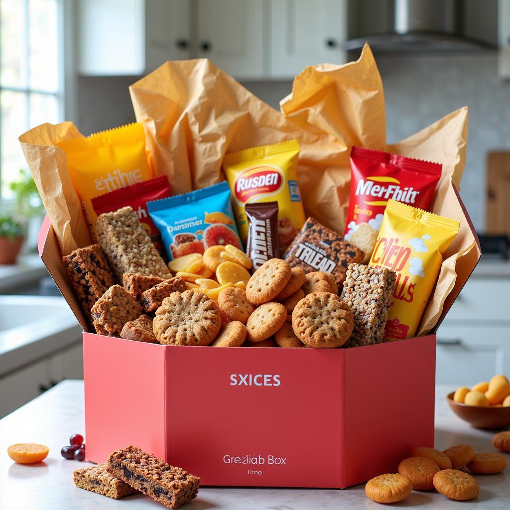 A colorful assortment of snacks inside a free snacks box, showcasing various chips, cookies, candies, and other treats.