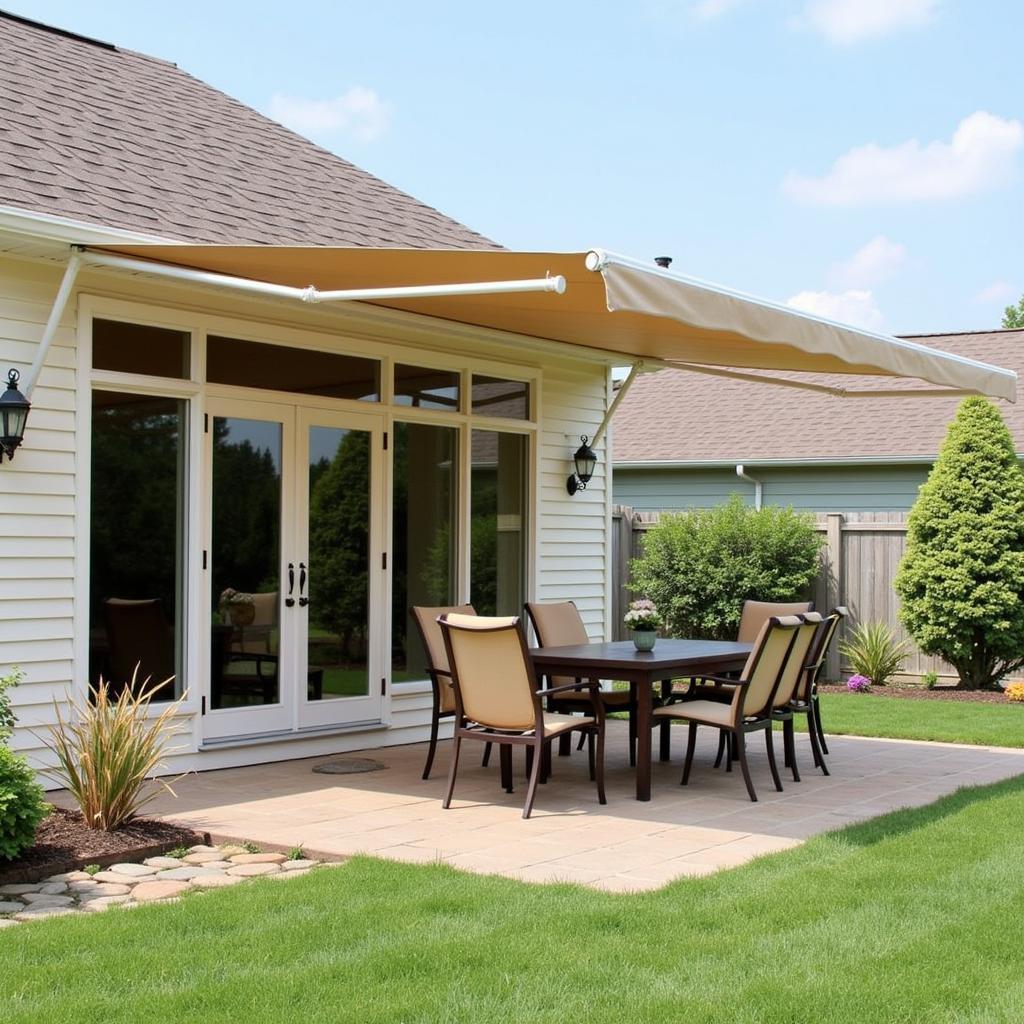 Free standing awning providing ample shade over a patio area