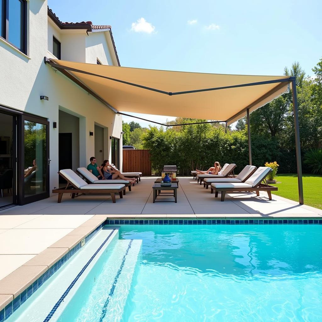 Free standing retractable awning providing shade poolside