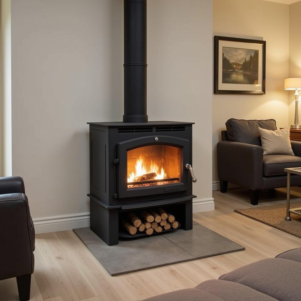 Free standing gas stove heating a living room