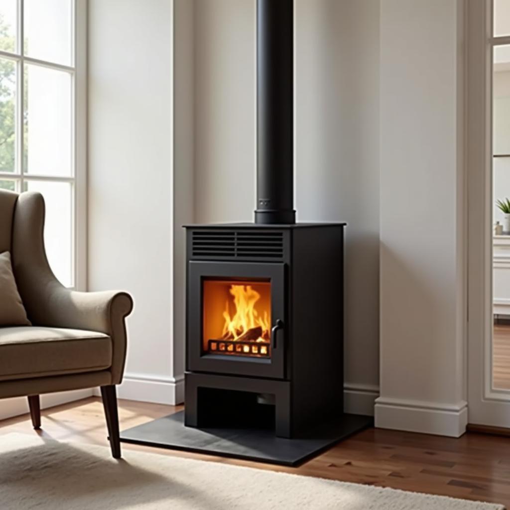 Free standing log burning stove in a cozy living room setting