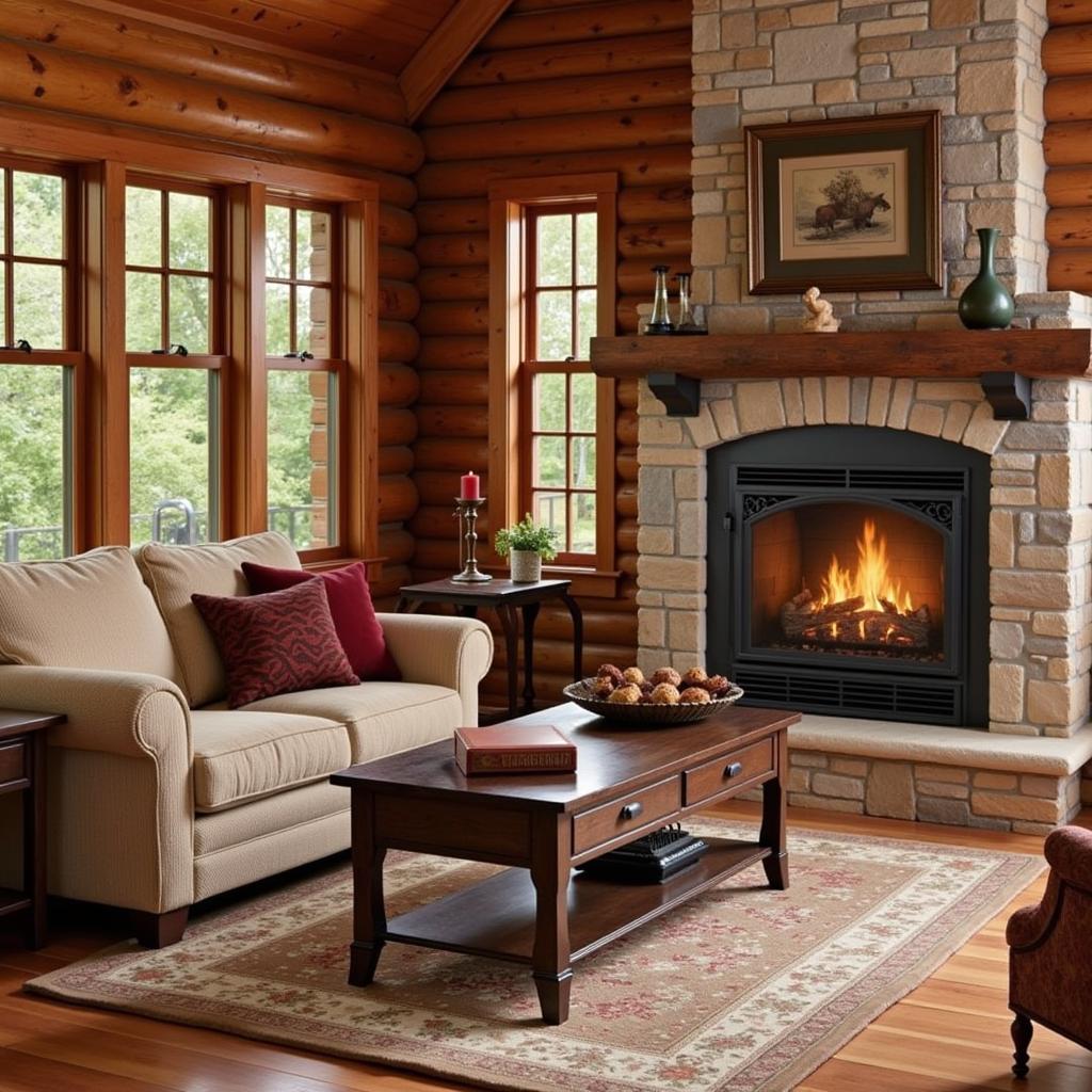 Free-standing natural gas fireplace in a rustic cabin setting