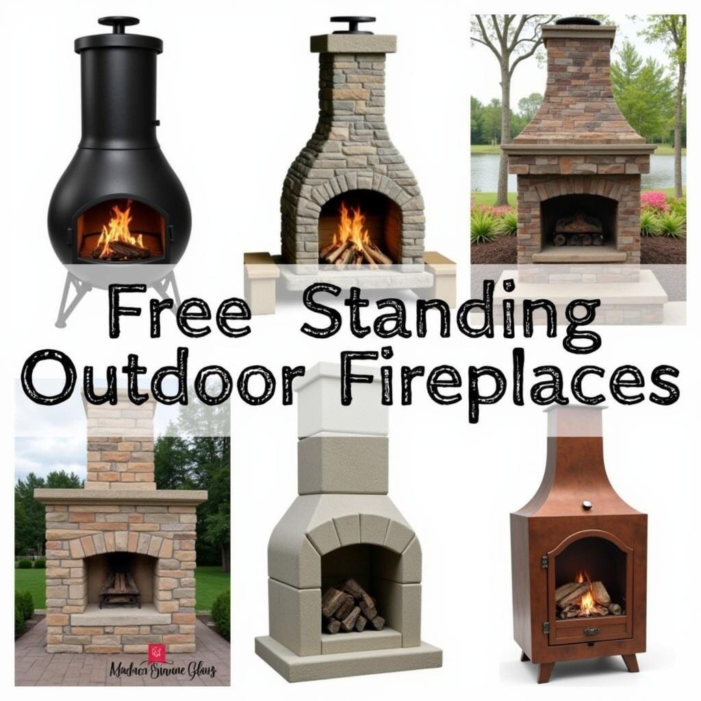 Different materials used for free standing outdoor fireplaces, showcasing variety in style and aesthetics.