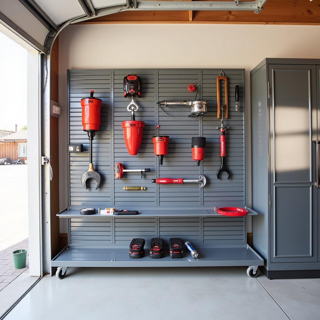 Free standing slatwall used for garage organization with tools and equipment neatly arranged.