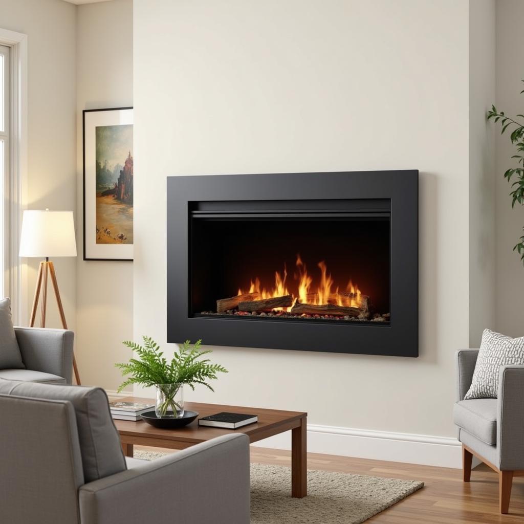 Modern Living Room with a Free Standing Ventless Gas Fireplace and Blower