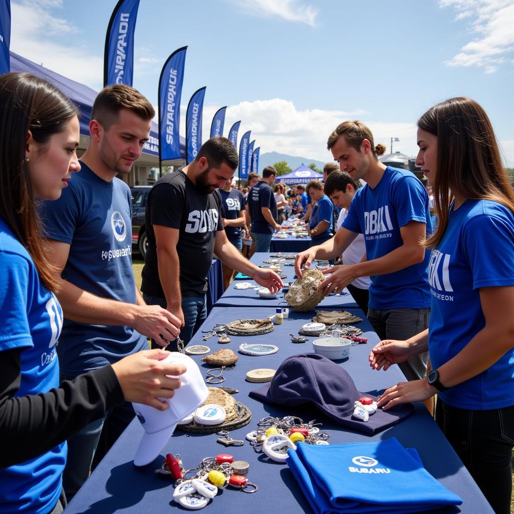 Subaru enthusiasts gathering free swag at a car show event.