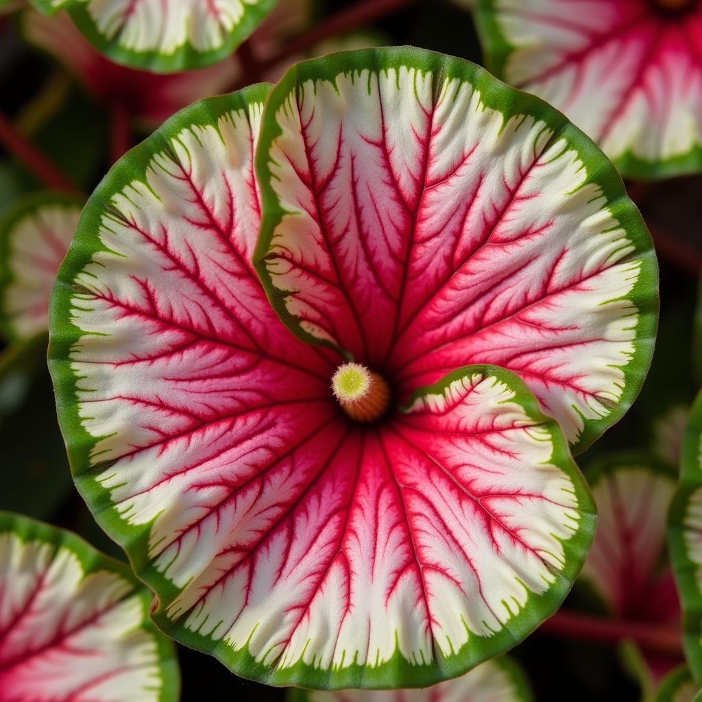 Close-up of a Freida Hemple caladium leaf showcasing its vibrant colors