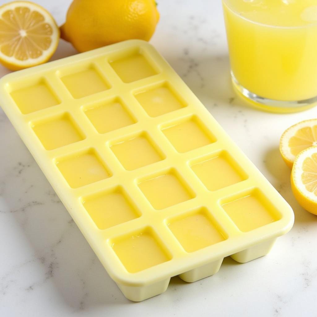 Frozen sugar-free lemonade concentrate cubes in an ice cube tray