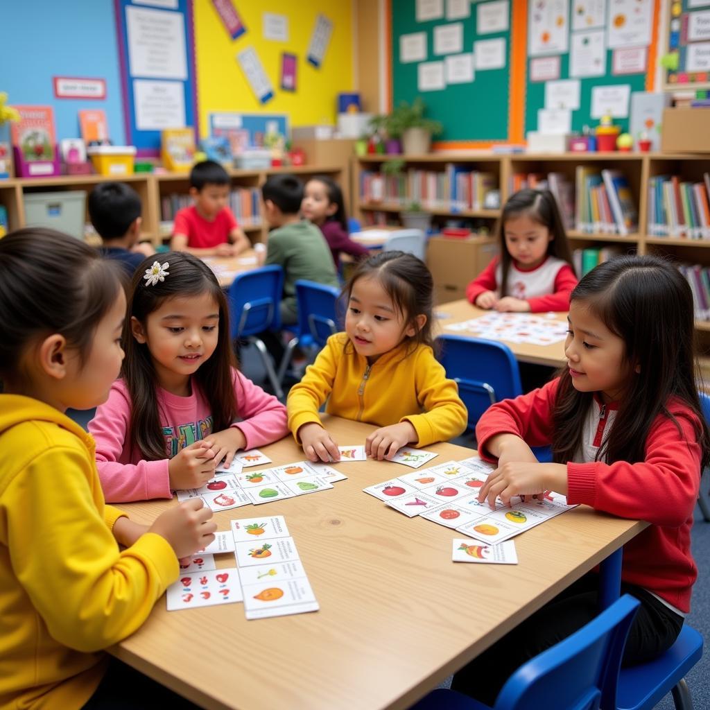 Children playing interactive games focused on the fruits of the spirit in a preschool classroom setting