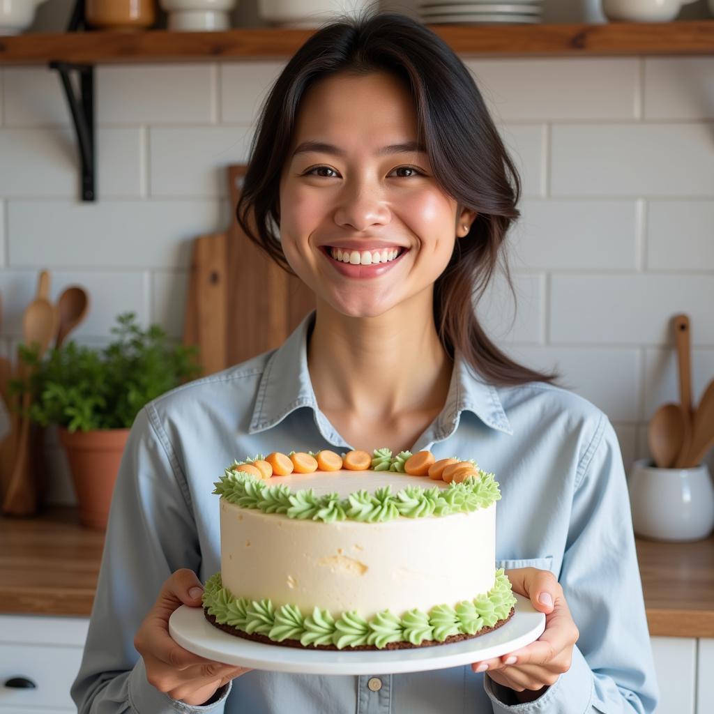 A person smiling while holding a freshly baked gluten-free cake.