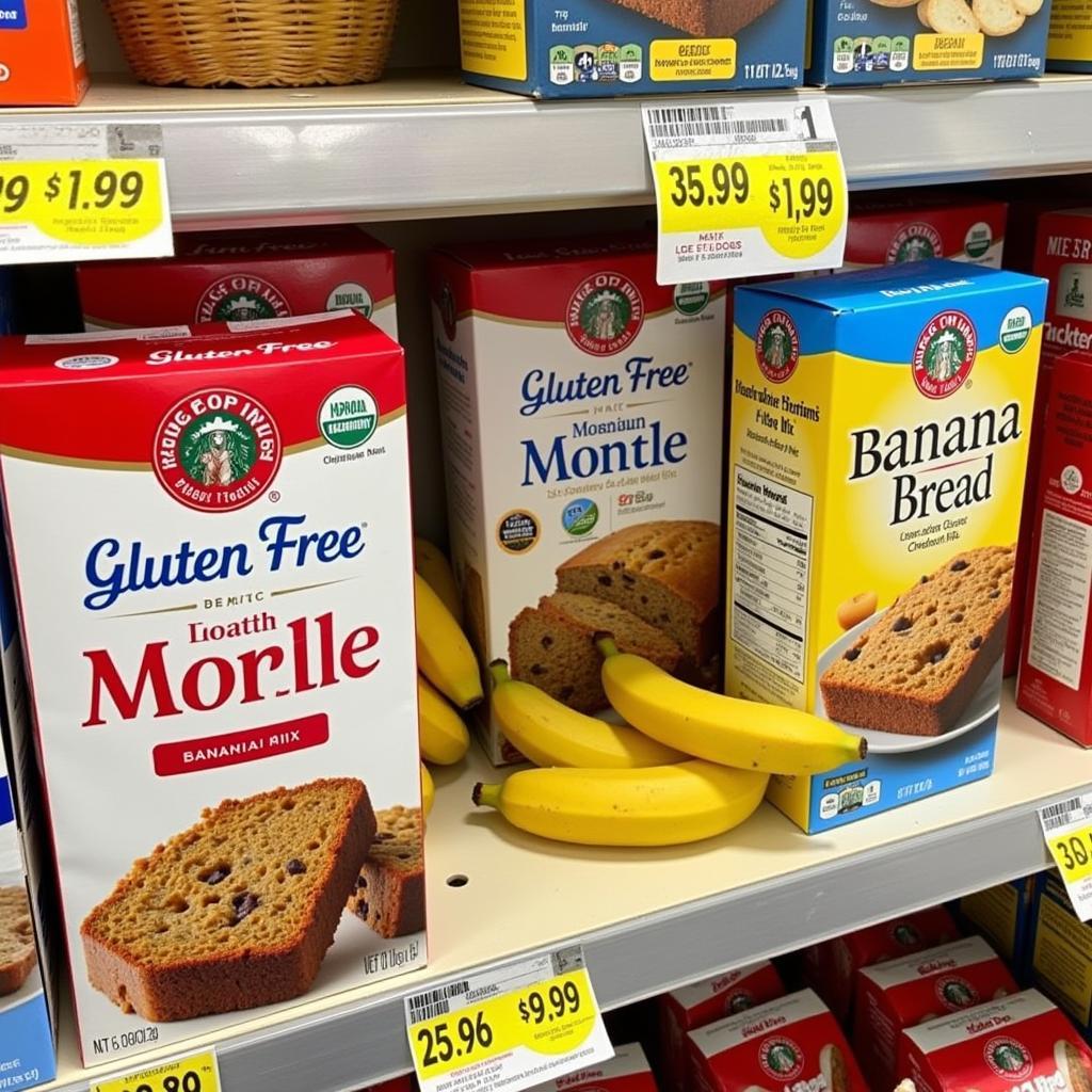 Various Gluten-Free Banana Bread Mix Options on a Shelf