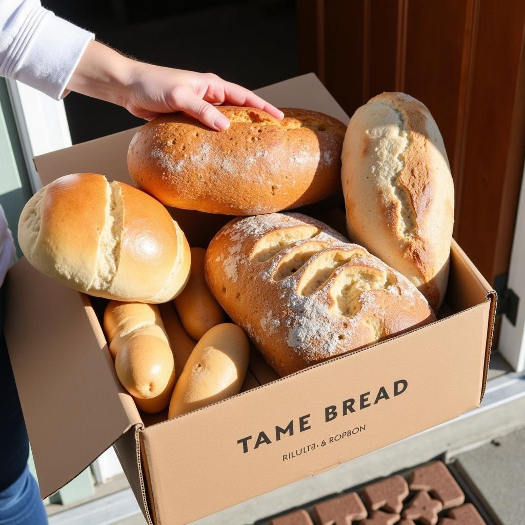 A variety of gluten-free breads being delivered to a doorstep