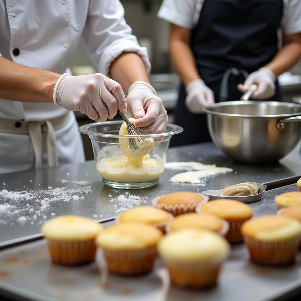 A baker carefully preparing gluten-free cupcakes in a dedicated gluten-free area of a bakery.