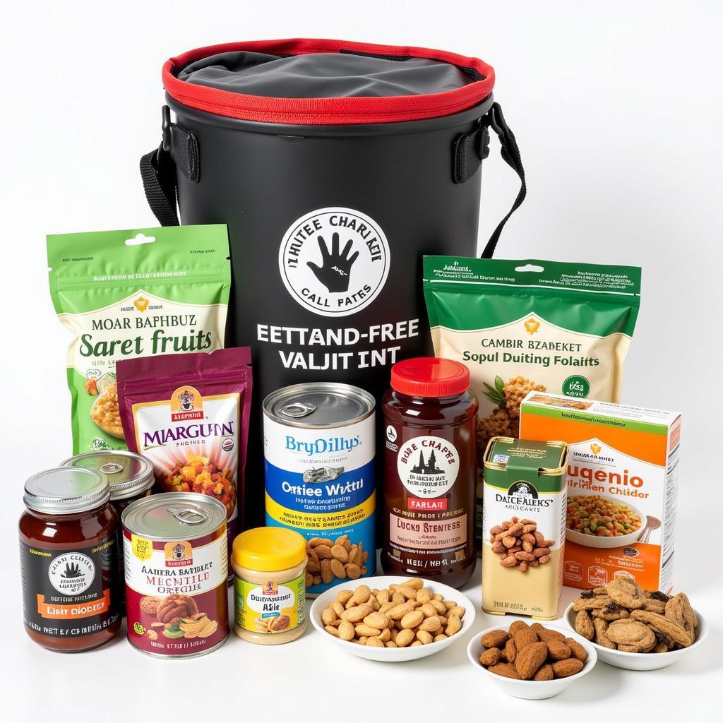 Gluten-free and dairy-free survival food kit with various non-perishable items.