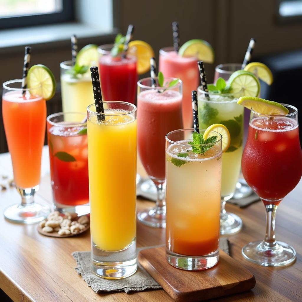 A variety of colorful gluten-free non-alcoholic drinks on a table.