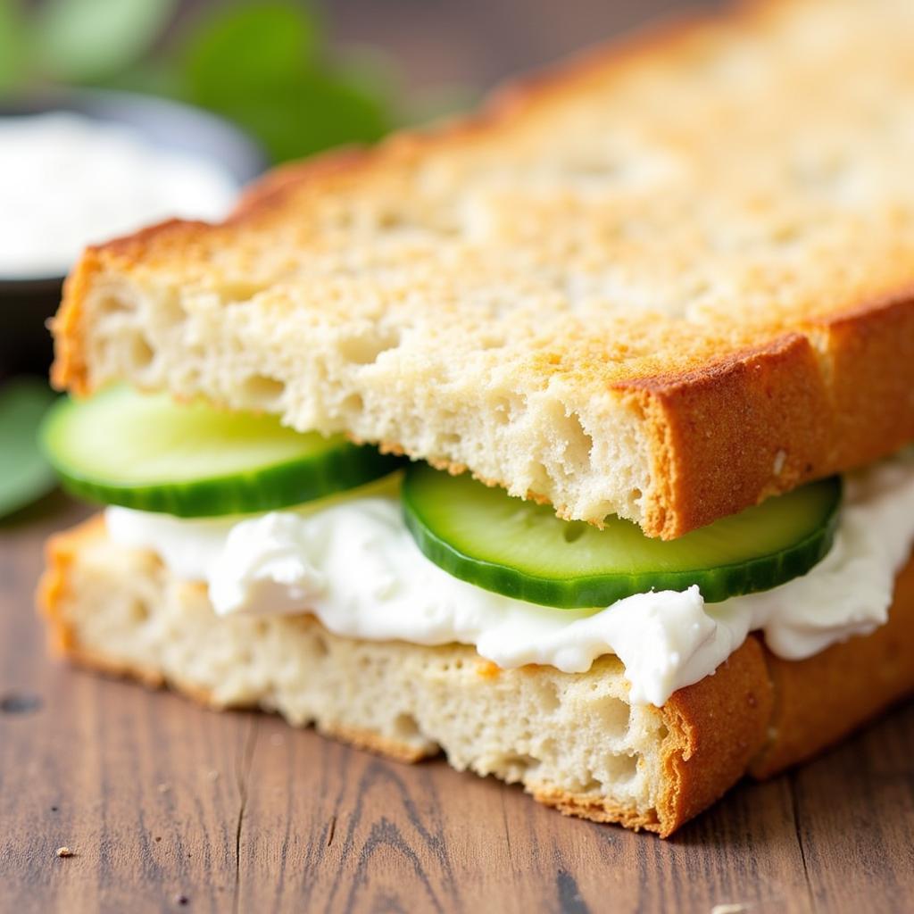 Close-up of a gluten-free cucumber and cream cheese finger sandwich.