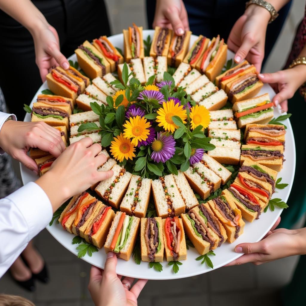 A platter of gluten-free finger sandwiches at a party.