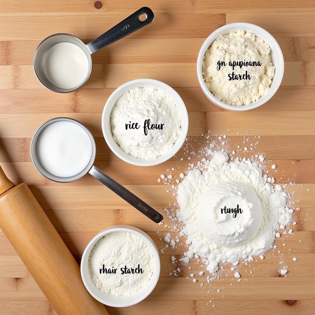 Various gluten-free flours arranged for baking a baguette.