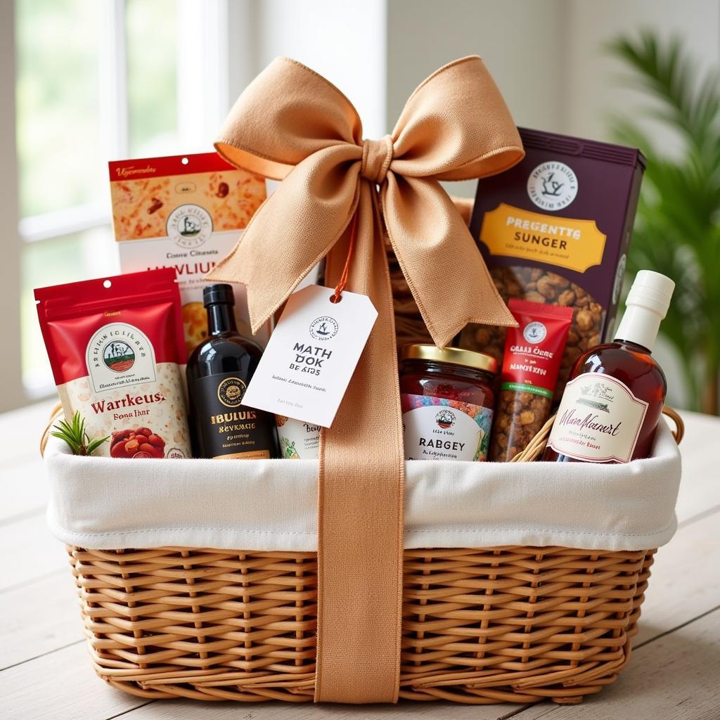 A Gluten Free Hamper wrapped in a beautiful bow, perfect for a birthday or holiday gift.