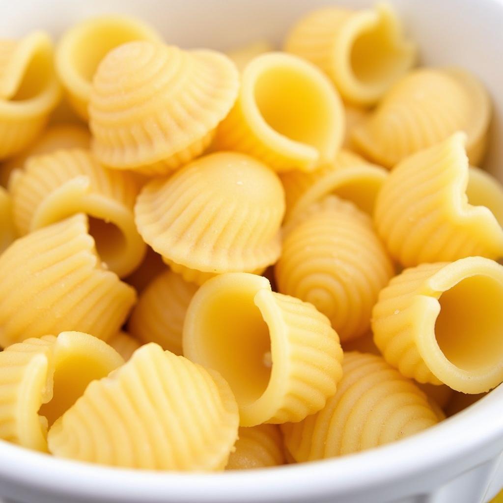 Gluten-free jumbo shells pasta in a white bowl, ready to be cooked.