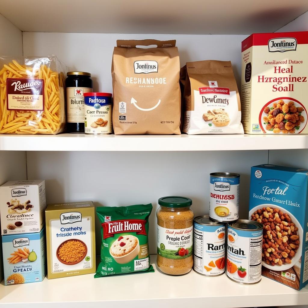A pantry stocked with various gluten-free products received from a monthly subscription service.