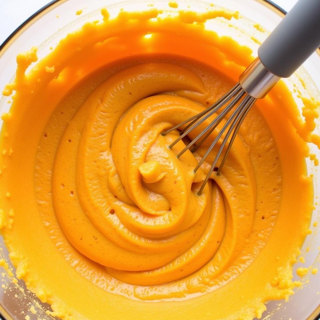 Gluten-free persimmon muffin batter being mixed in a bowl.