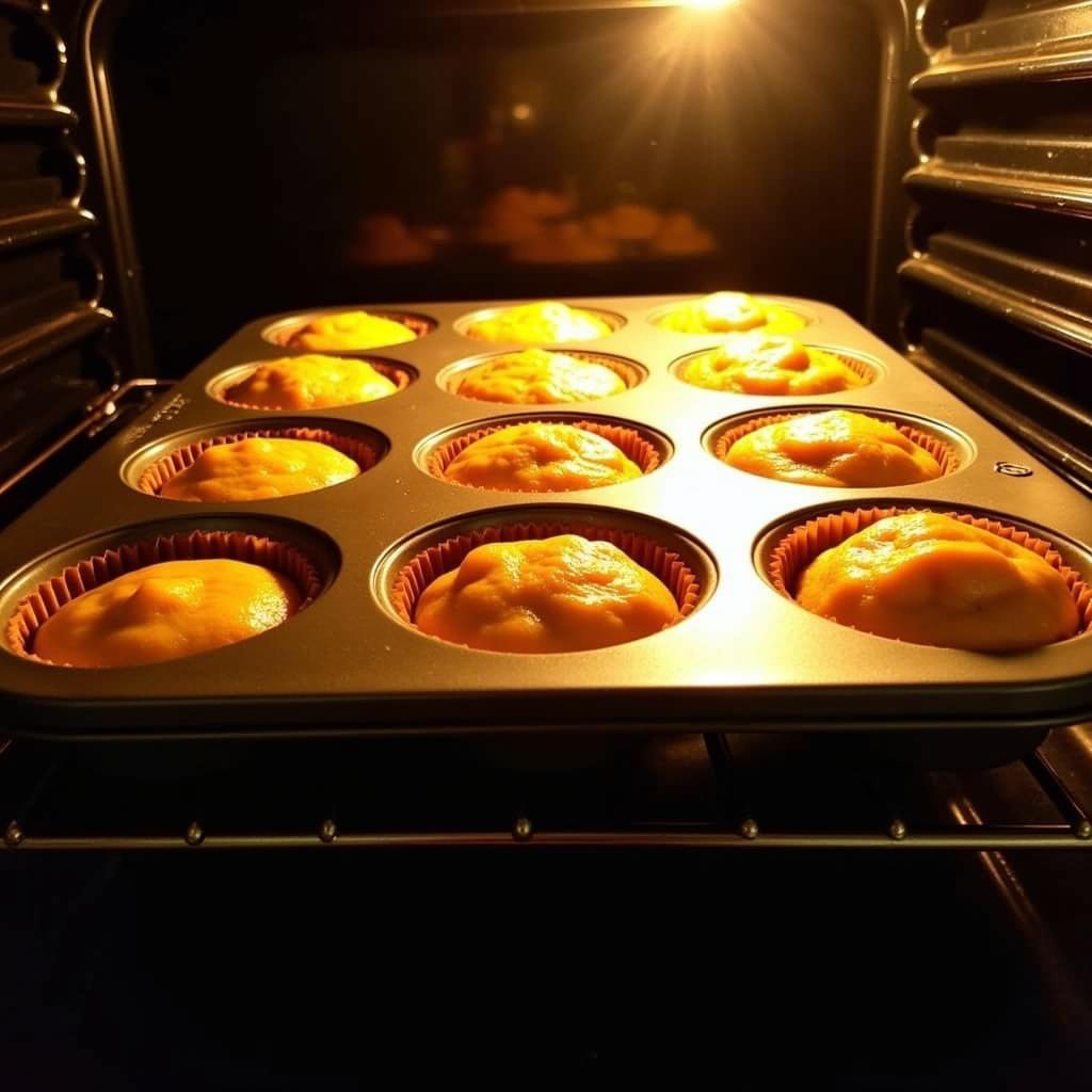 Gluten-free persimmon muffins baking in a muffin tin in the oven.