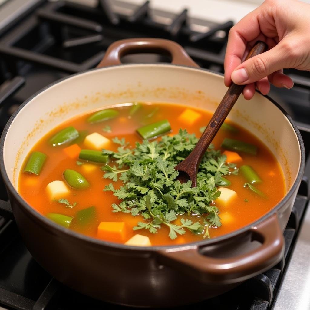 Preparing gluten-free vegetable soup mix in a pot on a stove, showing the addition of fresh herbs and spices.