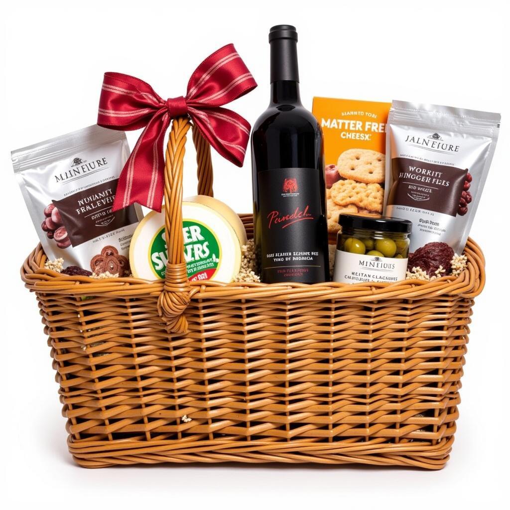 Gluten-free wine basket with gourmet snacks and wine perfect for a celebratory gift