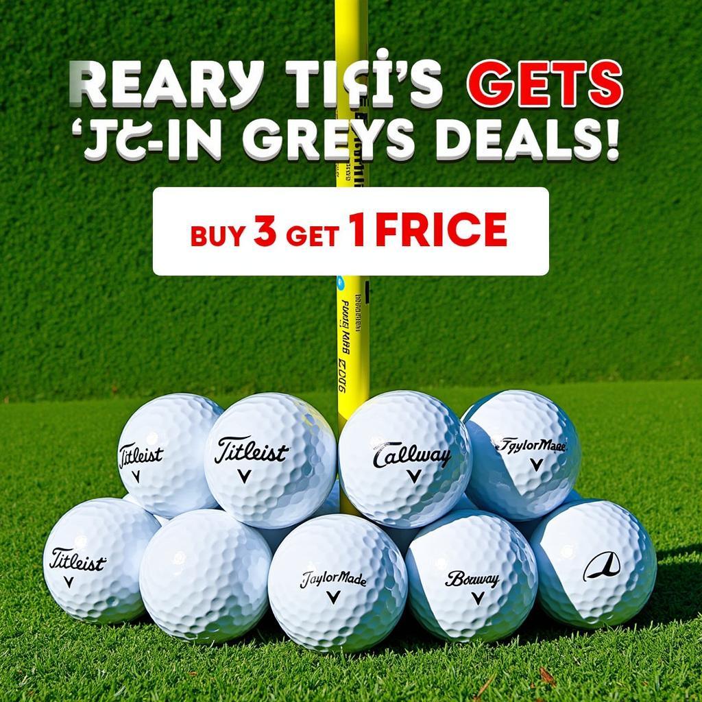 Golf ball deals buy 3 get 1 free: A selection of various golf balls arranged on a green, showcasing different brands and models available with the buy 3 get 1 free offer.