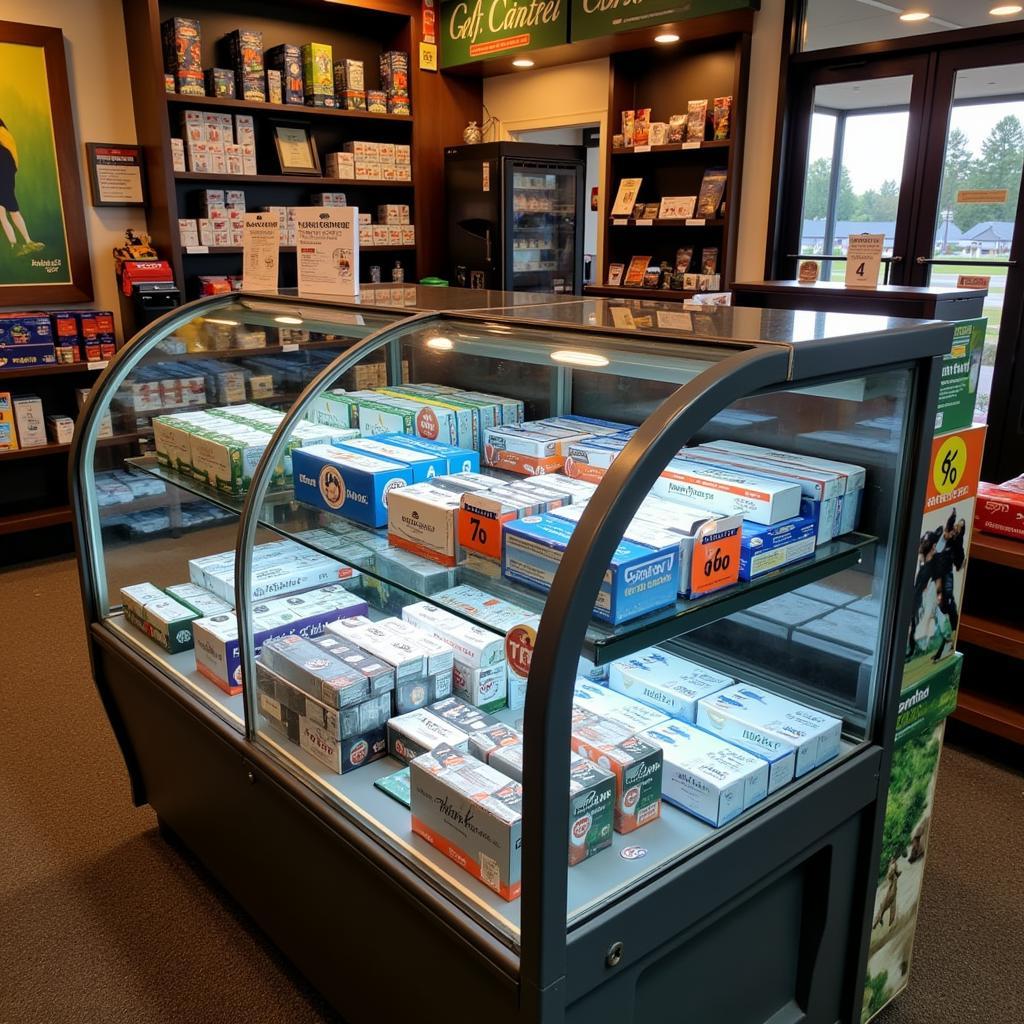 Golf balls on display in a retail store.