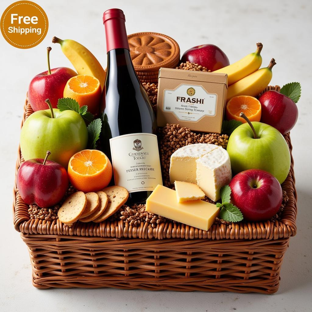 Gourmet Gift Basket with Free Shipping - A wicker basket brimming with fresh fruit, gourmet cheese, crackers, and a bottle of wine, perfect for a celebratory occasion.