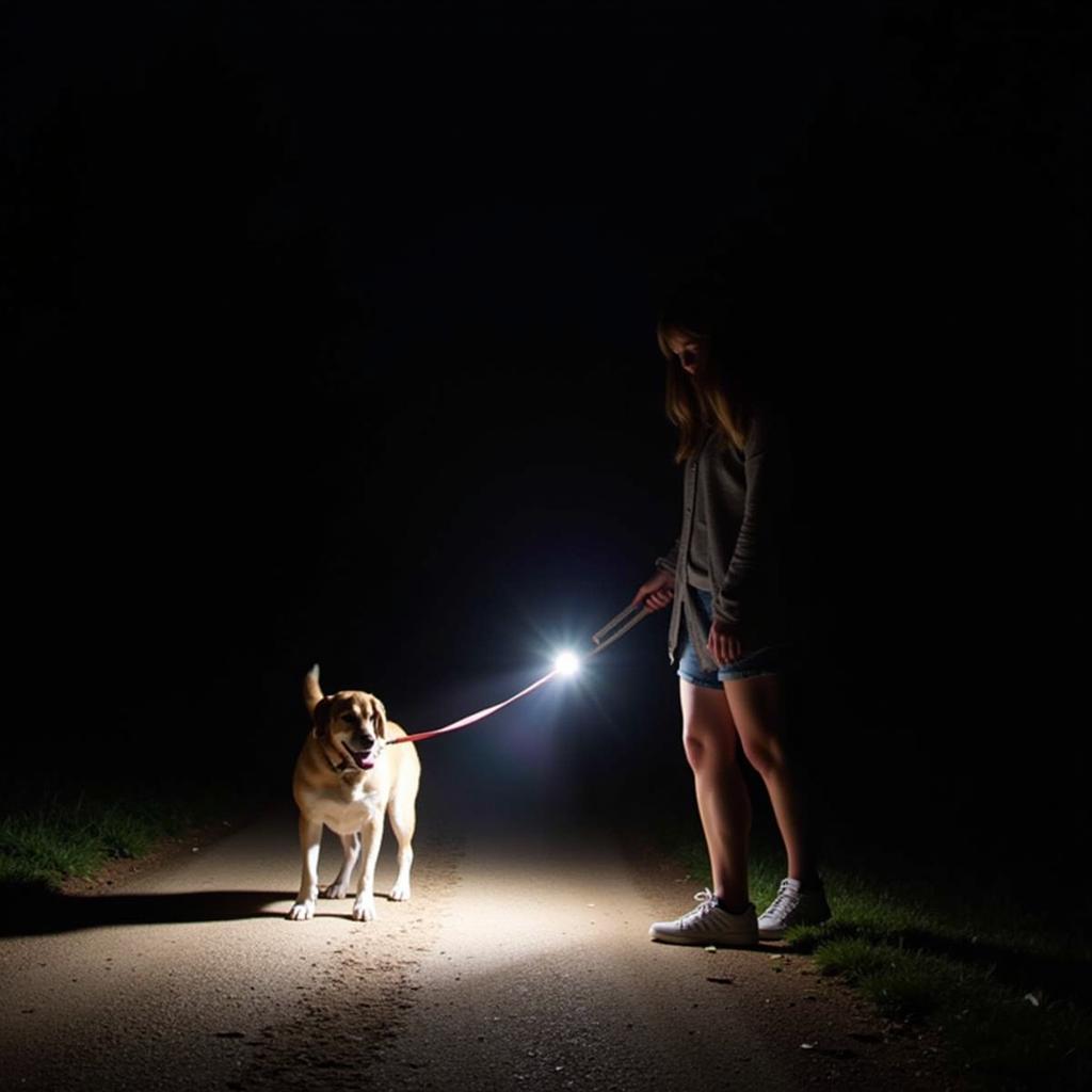 Dog walker using a hands-free flashlight for safety at night