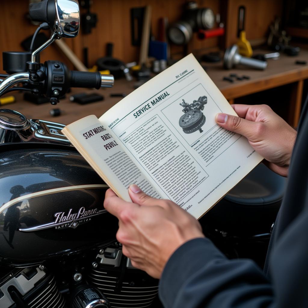 Harley Owner Using Service Manual: A biker consults a service manual while working on their motorcycle.